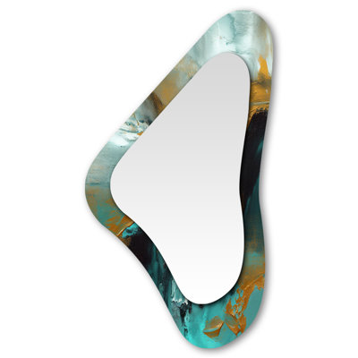 Deramo Teal Balance III - Abstract Painting Unique Shape Wall Mirror, Modern Asymmetrical Decorative Mirror, Printed Metal Art