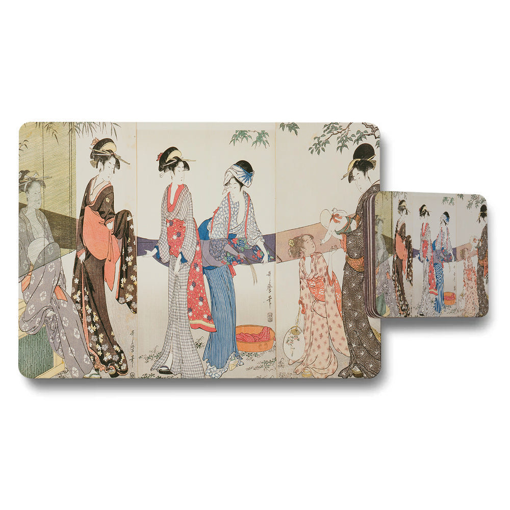 Ukiyoe Japanese Art Placemat And Coaster Set With Kimono Ladies