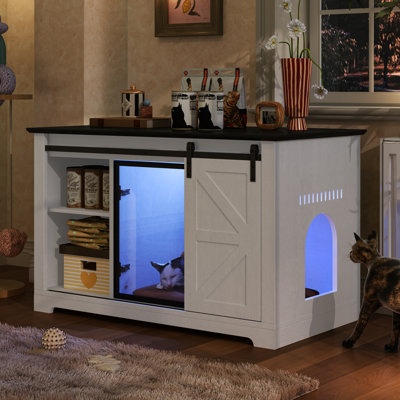 Farmhouse Cat Litter Box Enclosure With Barn Door & LED Light