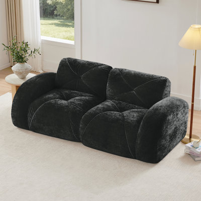 Canapé capitonné 2 places avec canapé sans os, tissu en velours doux, conception antidérapante inférieure, éponge haute densité 32D, conception ergonomique inférieure, aucun assemblage requis, convient aux salons, noir