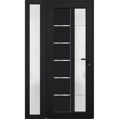 Porte d'entrée extérieure prémontée en fibre de verre, verre dépoli, Manux 8088, noir mat, fenêtre latérale extérieure, portes d'entrée pour bureaux, commerces et résidences, patio, garage - L 36 + 16 x H 80 - Ouverture à gauche vers l'intérieur