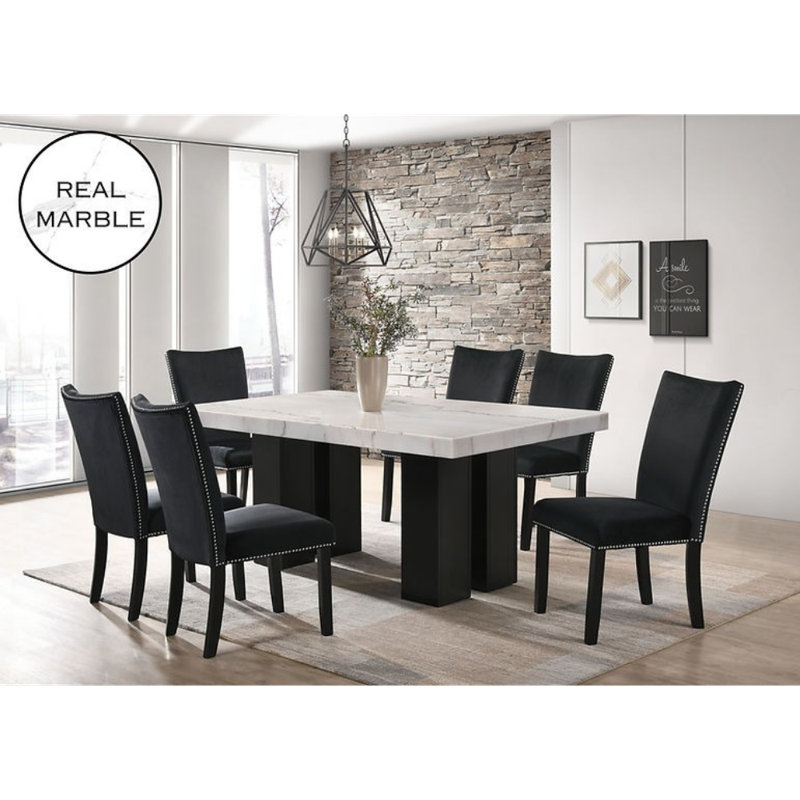 Gurtig 6 - Person Marble Top Double Pedestal Dining Set, Blue/Black