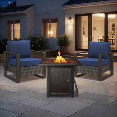 Drazen 2 - Person Patio Furniture Set With Fire Pit Table, All-Weather Wicker Outdoor Conversation Set With Chair And Thick Cushions