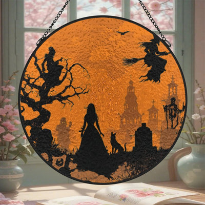 Femme, chat, Halloween, village, vitrail, panneaux, vitrail, pour décor de fenêtre