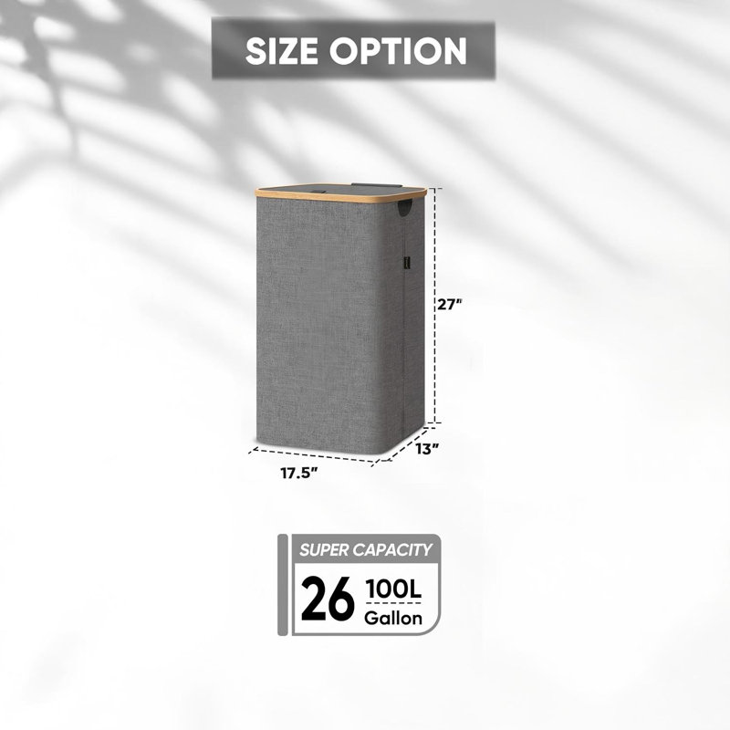 Laundry Hamper with Lid, Tall Laundry Baskets with Bamboo Pull Handles, Large Laundry Bin with Internal Support (Grey)