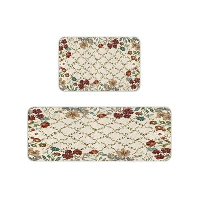 Red Beige Floral Kitchen Mats, Set of 2, for Kitchen & Living Room
