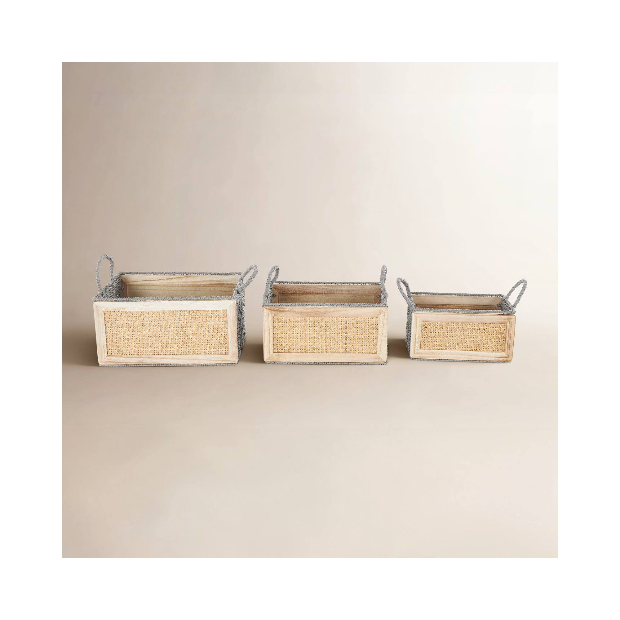 Wood Woven Decorative and Functional Light Brown Storage Basket with Gray Rope Accents Set