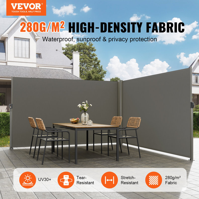 Auvent rétractable latéral, écran d'intimité extérieur en aluminium 71 po x 236 po, écran de patio rétractable imperméable en polyester 280 g, pare-vent UV 30+ pour patio, cour arrière, balcon, gris