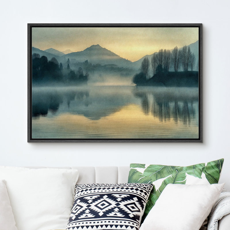 "Misty Forest Lake Serene Nature Landscape" Relaxing Art, reproduction d'art sur toile encadrée, Cadre noir