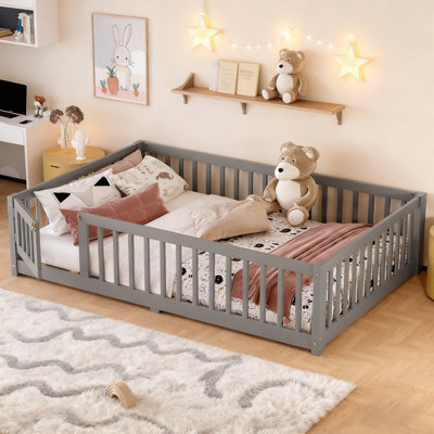 Lit double gris pour enfants avec garde-corps robustes