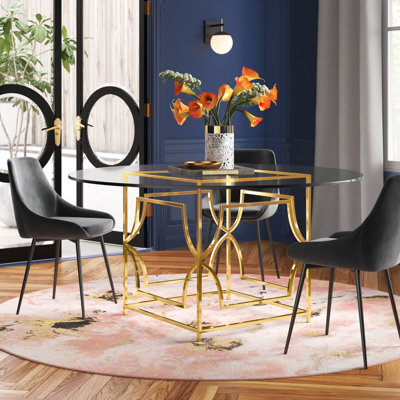 Pangea Home Benson Edward 60" Round Glass Top Metal Base Dining Table - 6 Person - Modern, Contemporary, Glam Dining Table – Tempered Glass Top with Steel Frame for Kitchen, Dining Room, Office - Gold Round Dining Table