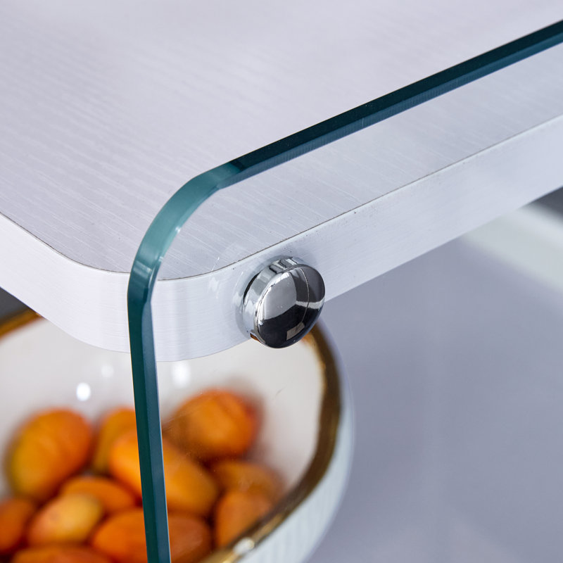 Three-tier bedside table: mdf top with white stickers, transparent tempered glass sides, simple design with storage (112 characters)