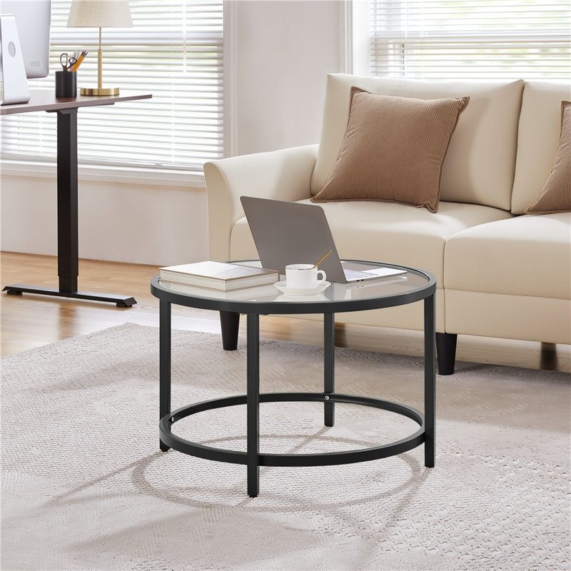 Table basse ronde en verre Cellestine, Noir, H 18 po x L 27,6 po x l 27,6 po