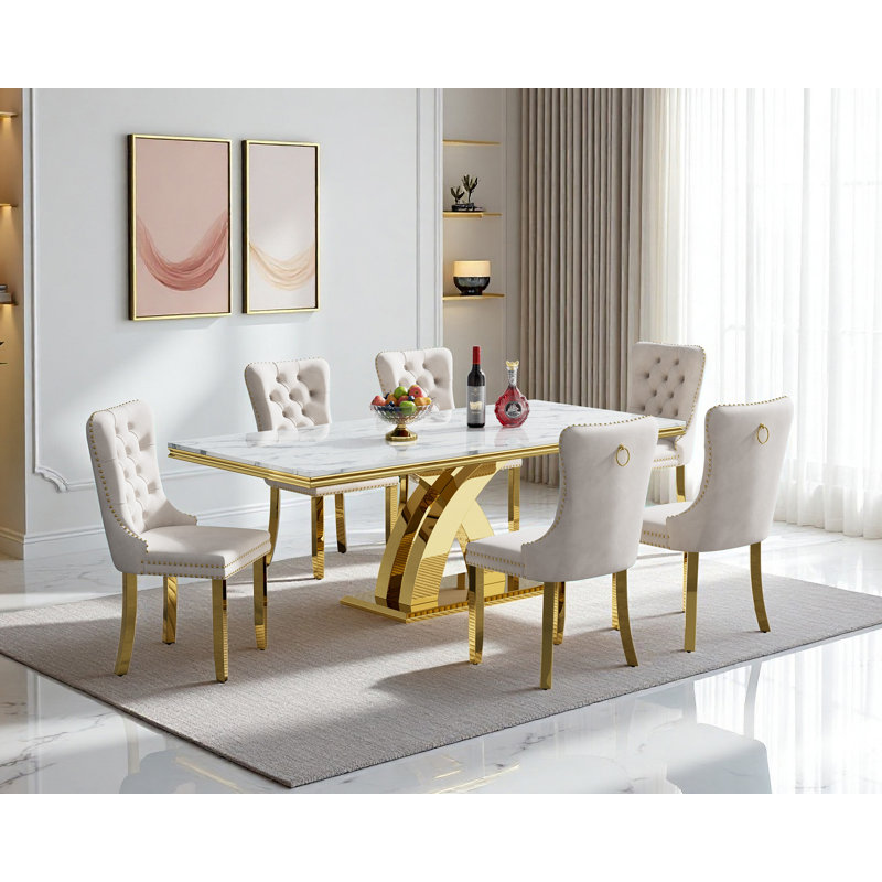 Modern 68.11" Faux Marble Dining Table Set , White Marble Dining Table with Velvet Dining Chairs, Dining Room Table and Chairs Set, Luxury Dining Table Set for Kitchen Dining