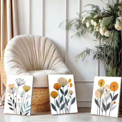 3 pièces d'art mural encadrées, ensemble d'art mural sur toile botanique minimaliste de 3, impressions florales abstraites avec des tons de jaune et d'orange modernes, décoration boho pour le salon, bureau à domicile, décorations sur le thème des pl