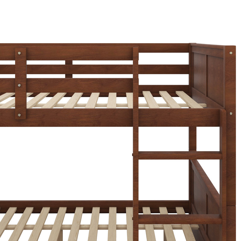 Lit superposé en bois double avec lit gigogne simple, garde-corps et échelle - convertible en deux lits, Noyer