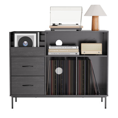 Record Player Stand with Power Outlet & Flip-Down Lid, Turntable Table with Storage for 300+ Vinyls, Black Wood Grain Media Console with 2 Drawers, 27 by Ebern Designs