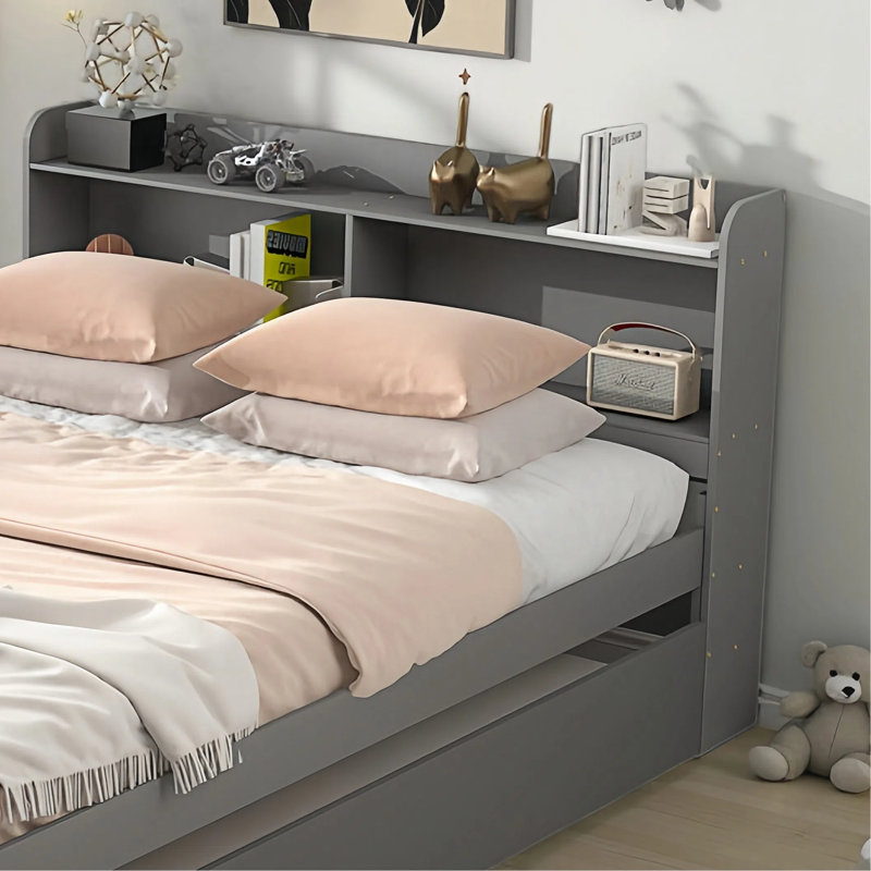 Lit plateforme moderne avec tête de lit et lit gigogne de rangement, Gris, Lit double