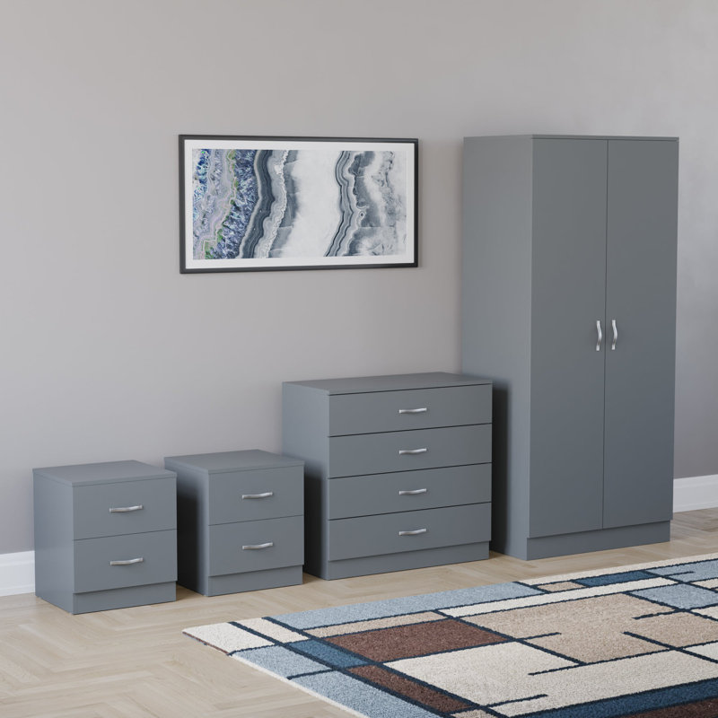 Tayce 4 Piece Bedroom Set (2 Drawer Bedside Cabinet X2, 4 Drawer Chest, 2 Door Wardrobe), Grey
