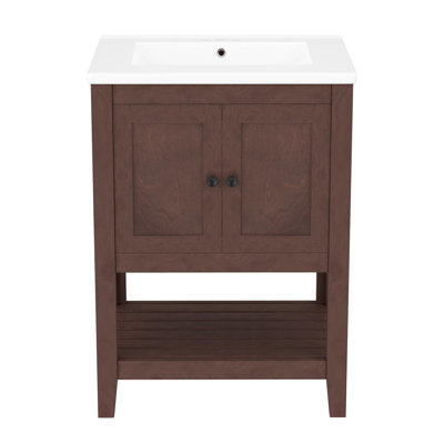 Lavabo de salle de bain moderne élégant en céramique 24 po avec tablette ouverte en bois massif brun