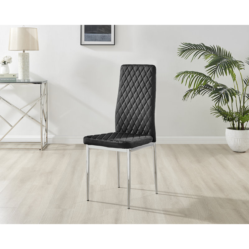 Keensburg Luxury Velvet Modern Tall Back Dining Chairs with Metal Legs & Diamond Stitching, 4, Black, Silver