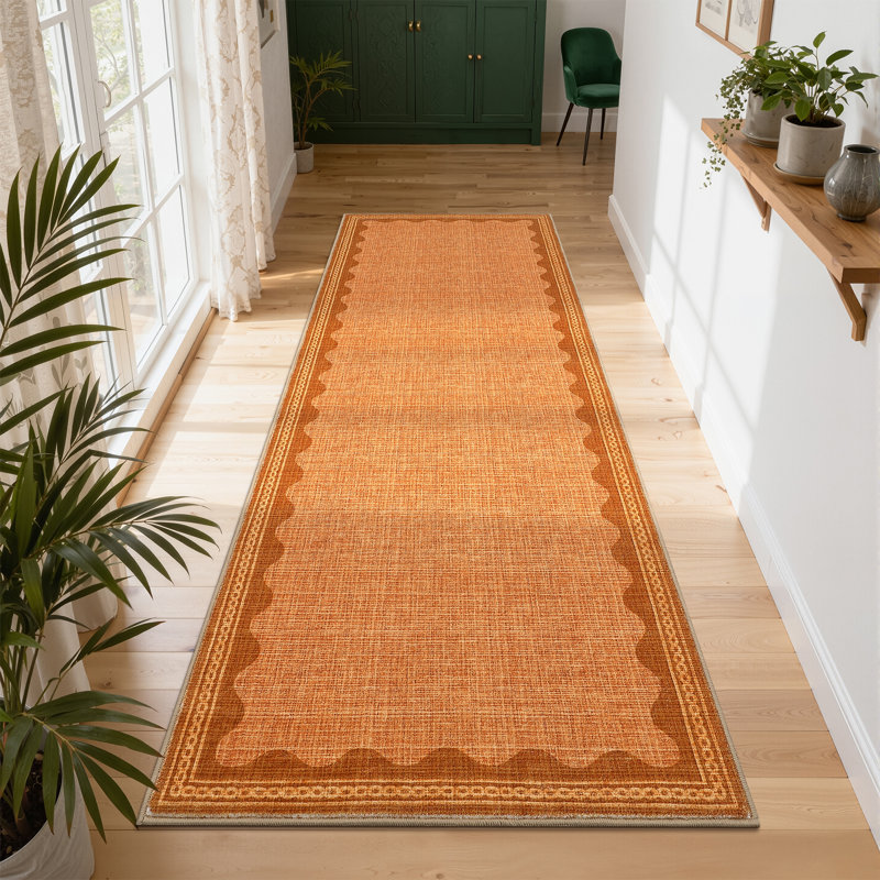 Tapis festonné et lavable pour tapis de chambre à coucher moderne, Orange, Tapis de couloir 2 pi x 6 pi