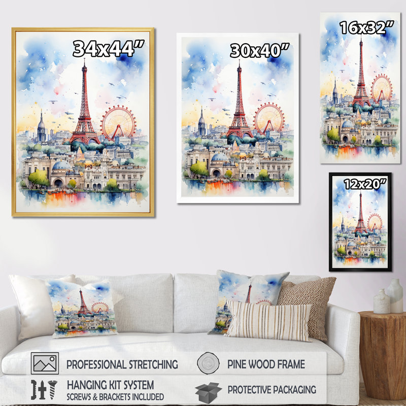 «Paris Skyline Eiffel Tower Vibrant Watercolor I», reproduction sur toile, H 20 po x l 12 po x P 1 po, Cadre flottant blanc