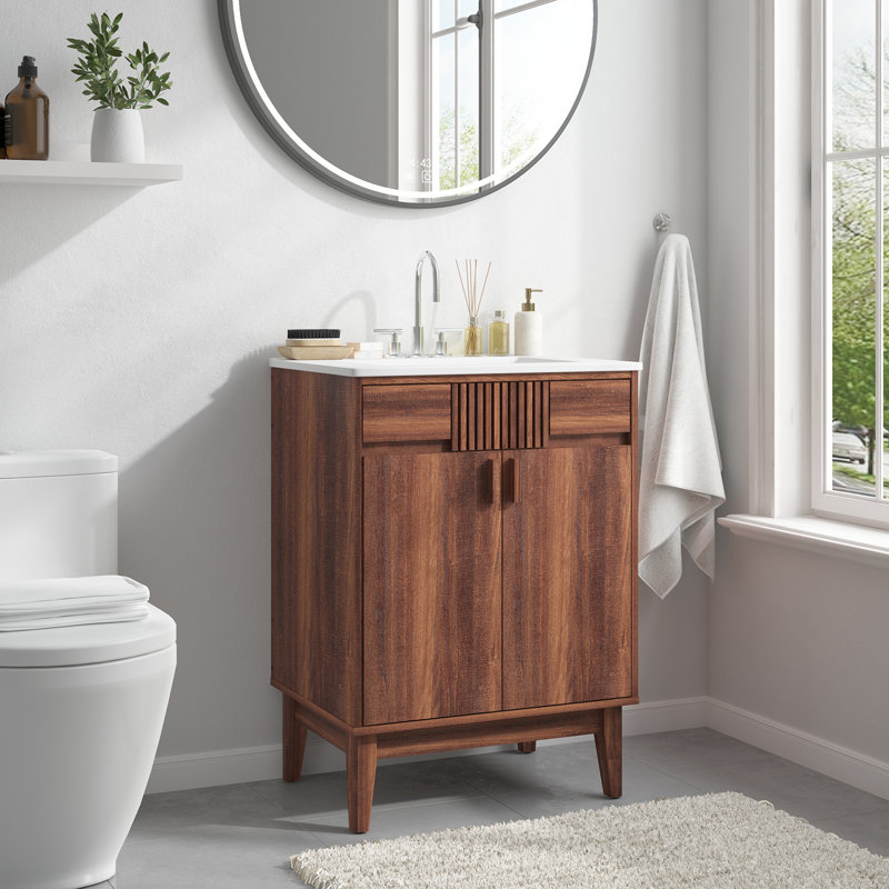 24" Mid-Century Modern Single Bathroom Vanity with Ceramic Sink, Soft-Close Doors and Solid Wood Legs, 24"