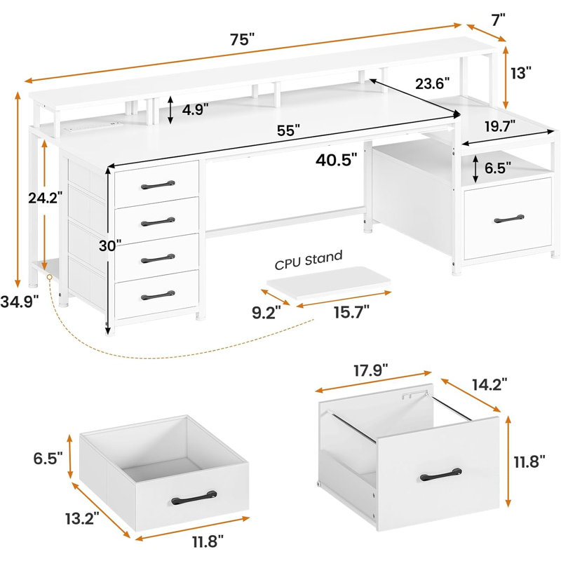 Moomal 75" W Computer Desk with LED Lights , White