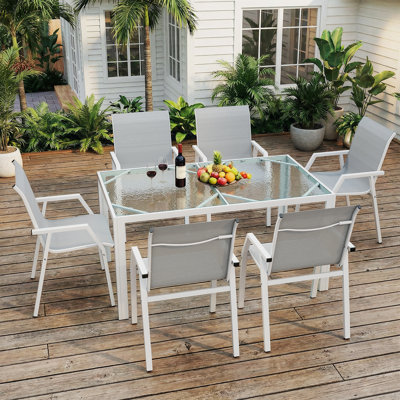 Modern Lite Outdoor Patio Dining Set with Water-Textured Tempered Glass Table & Breathable Mesh Chairs, 6/7-Piece Weather-Resistant Furniture for Deck, Balcony & Poolside