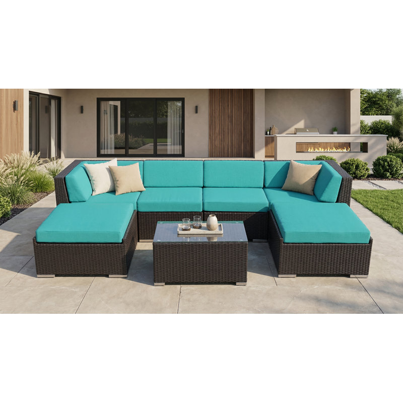 Billyjo Wicker 4 - Person Seating Group with Cushions - No Assembly, Supercrylic Turquoise, Black