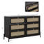 Commode 6 tiroirs en rotin, commode double en bois noir Boho, armoire de rangement pour commode