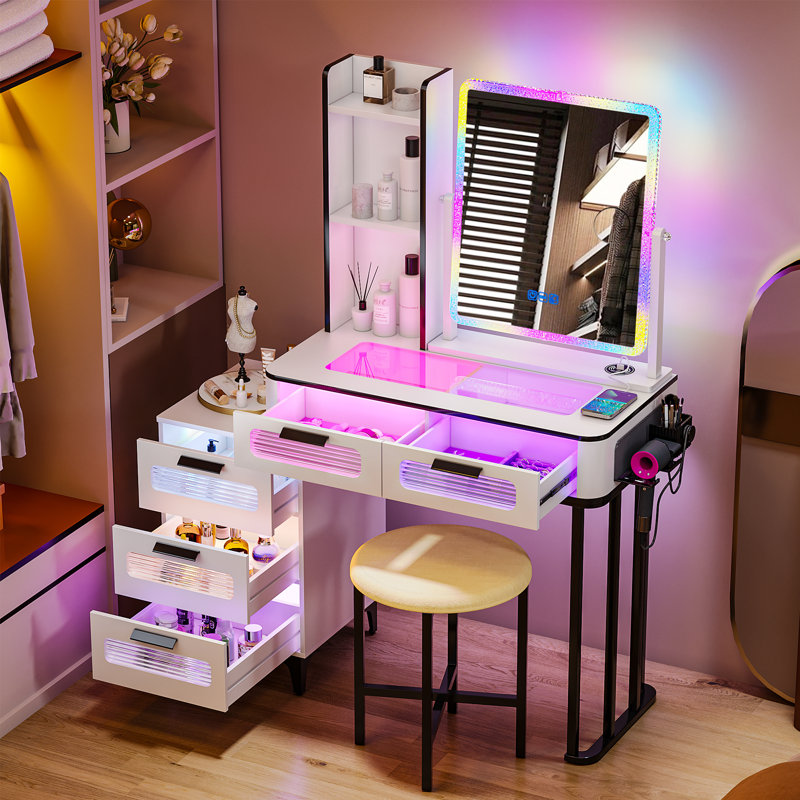 Dressing Table with Human Sensor RGB Lights, Tempered Glass Top, and Quick-Charging Station, White/Black