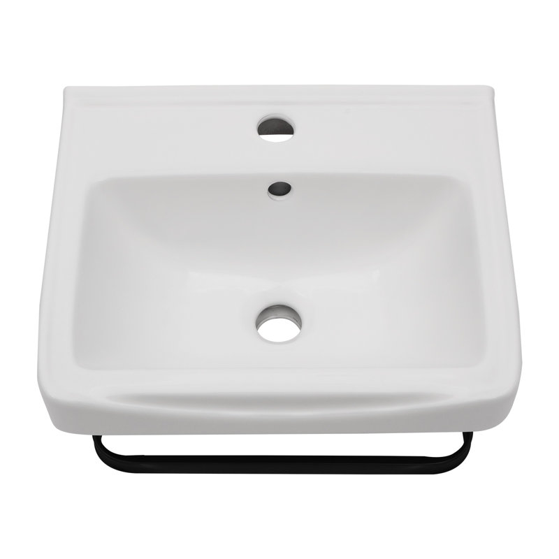 Ensemble de lavabo de salle de bain mural en céramique blanc 17 po x 14 po avec robinet noir, lignes d'alimentation et barre à serviettes, meuble-lavabo rectangulaire compact avec trop-plein