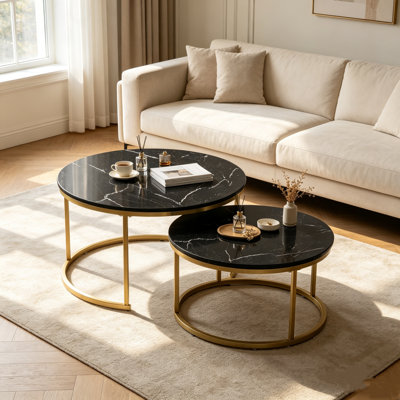 Ensemble de 2 tables basses gigognes 27,6 po à plateau rond en marbre avec structure en métal et tables de bout robustes pour le salon, la chambre et le balcon, noir