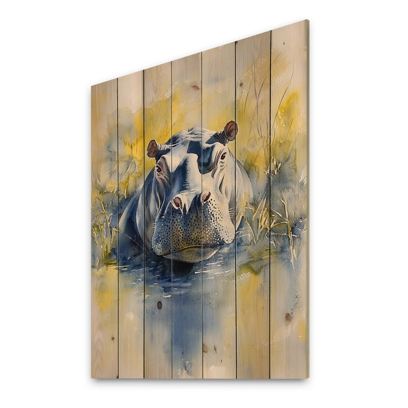 Hippopotame en Afrique - Impression sur bois gris moderne sur bois de pin naturel, H 40 po x l 30 po