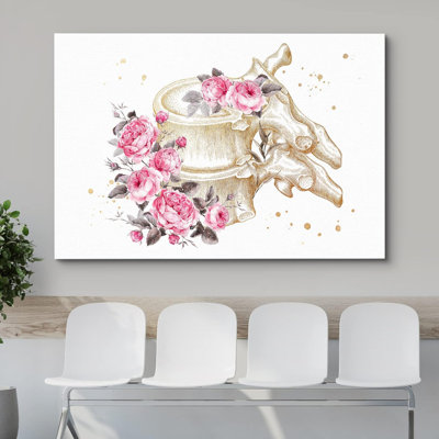 Spinal squelette pastel rose fleurs médical moderne art floral botanique décoration murale
