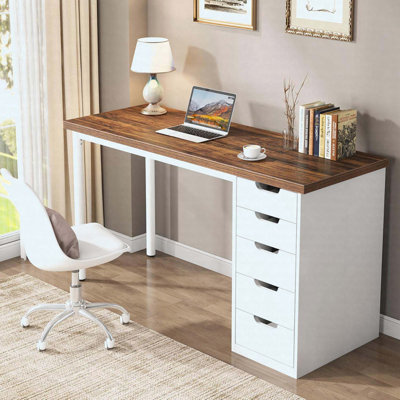 Bureau d'ordinateur brun 47 po avec 5 tiroirs, bureau de rangement compact