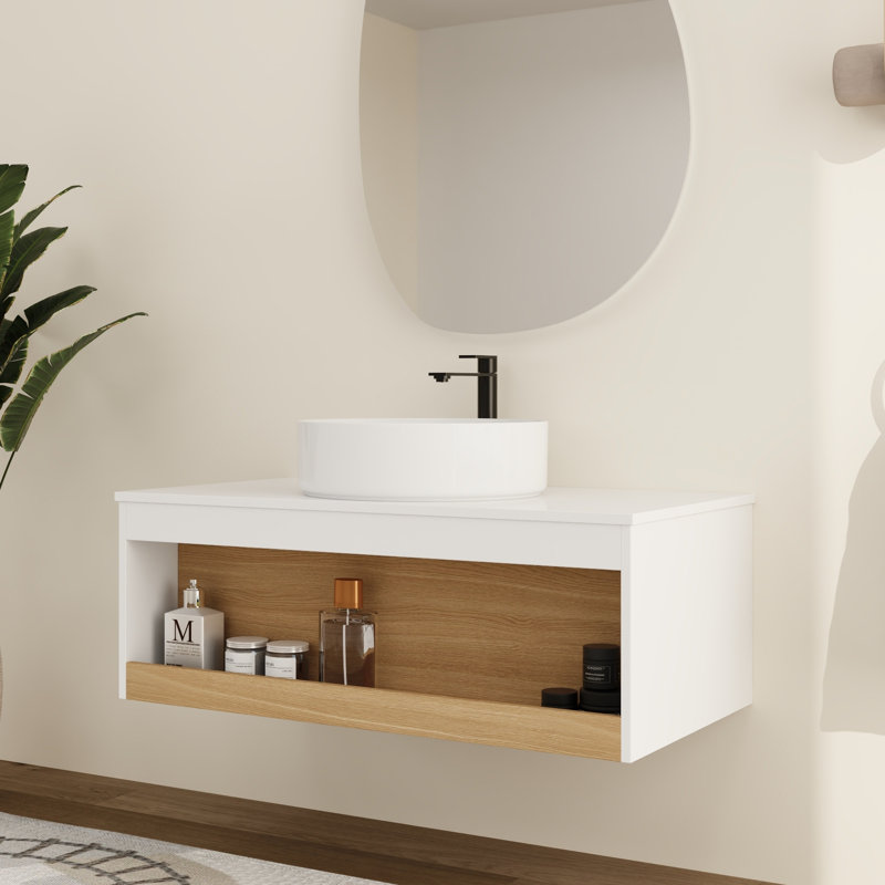 Meuble-lavabo mural moderne 36 po avec lavabo en céramique et tablette ouverte, White