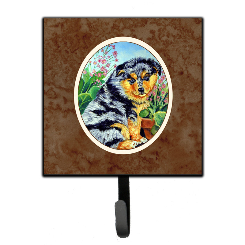 Pelin Metal Wall Organizer with Key Hooks, Brown/Salmon/Blue, Australian Shepherd Puppy