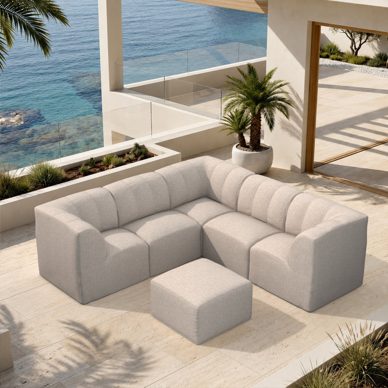 Canapé modulaire rembourré en L avec repose-pieds et coussins Sunbrella 6 pièces Praia, Argent coulé Sunbrella®