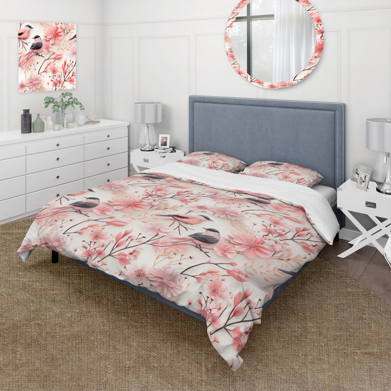 Ensemble de housse de couette scandinave Avian Elegance Serenity Blossoms, Housse de couette pour très grand lit et 2 très