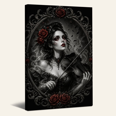 Art gothique sur toile, femme gothique jouant du violon avec des roses rouges