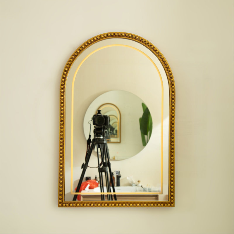 20'' Avri Mirror, Golden Beaded Arch-Shaped PU Decorative Mirror In Retro Style