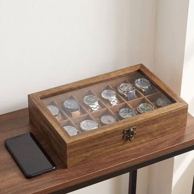 12-slot Watch Box - Watch Display Case With Large Glass Lid, Removable Pillows, And Velvet Lining, Thoughtful Gift Idea, Rustic Walnut