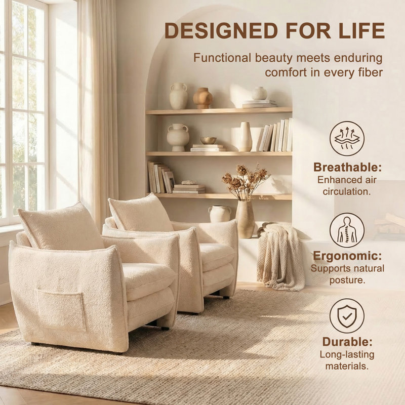 Oversized Chenille Fabric Accent Chair (Set of 2, BEIGE）, Beige