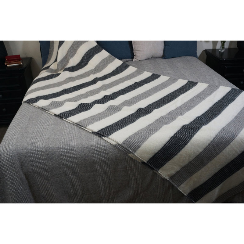 Couverture de qualité supérieure 80% alpaga et 20% laine d'agneau, entièrement naturelle, Grand lit, Noir / blanc / rayé gris