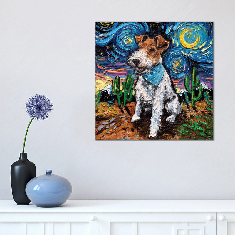 "Fox terrier Night" par AJA, reproduction d’art, Pas de tapis, H 18 po x l 18 po x 1,5 po, Toile tendue