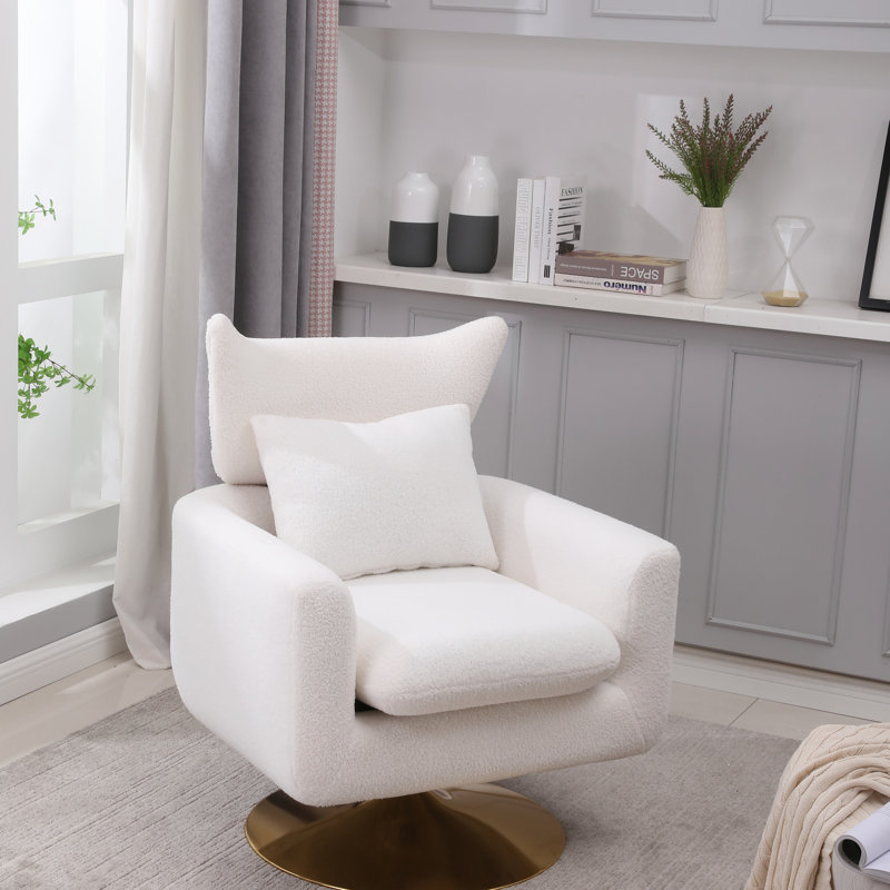 360-Degree Swivel Accent Chair with a Pillow, White Linen