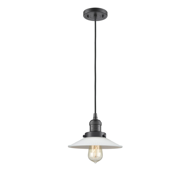 Luminaire suspendu conique 1 lumière Miramontes, Matte White Halophane, Bronze huilé, Ampoule non incluse